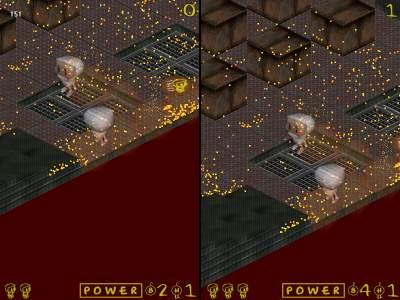 An intense bomb fight by the grates. Pieces of shrapnel from recently exploded bombs are bouncing around the industrial city level.