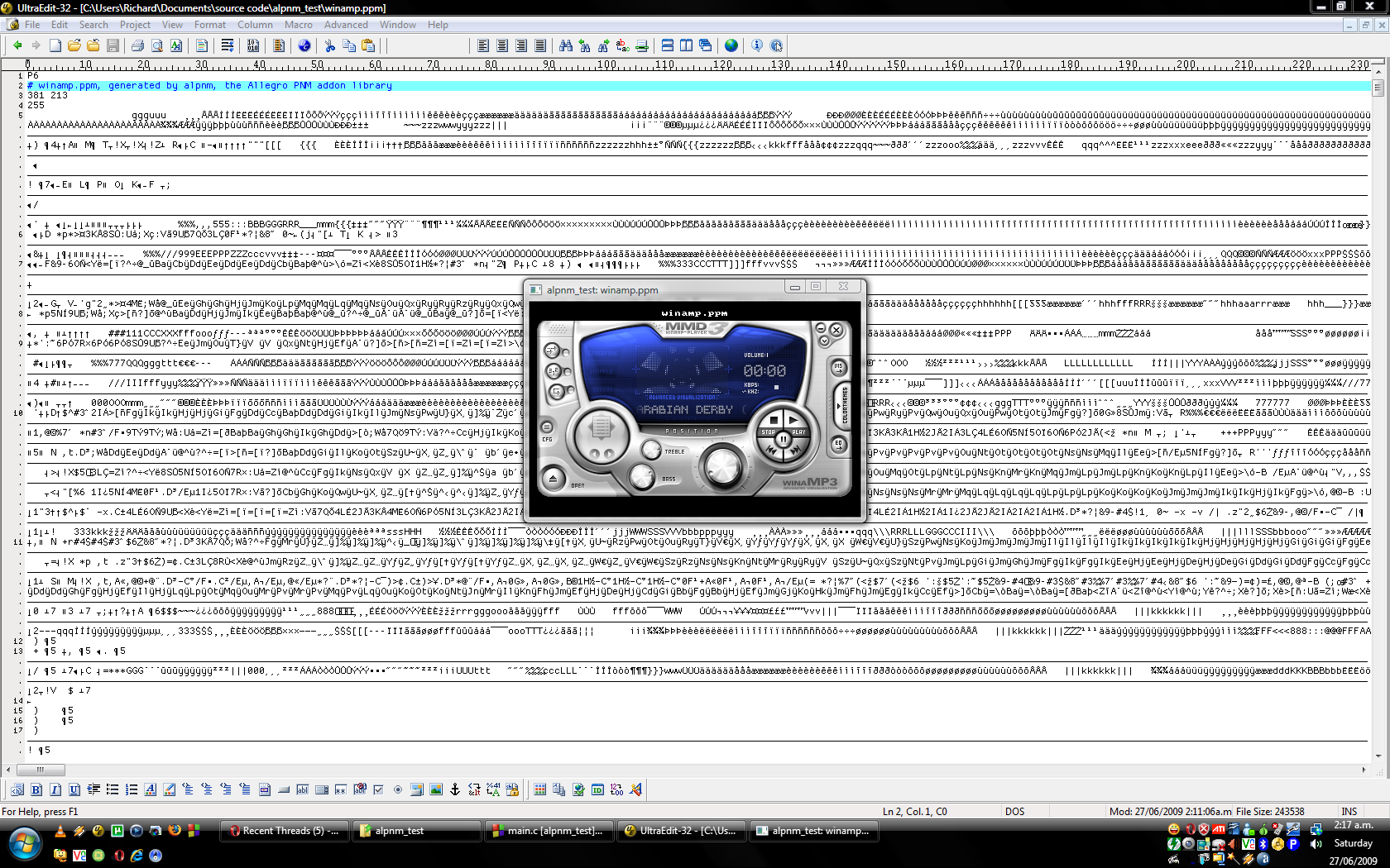 A binary PPM image is shown against its source data